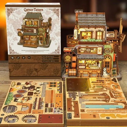 Rokrgeek Corner Tavern Mechanical Wooden 3D Puzzle Rokrgeek