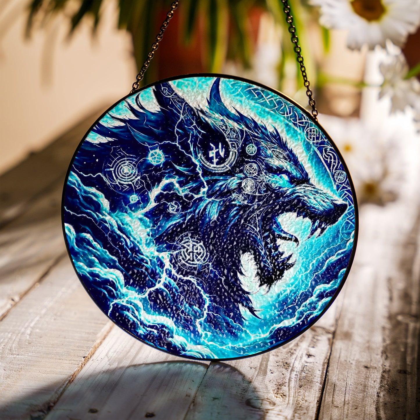 Wolf Sun Catcher Decoration Stained Glass Window Hanging