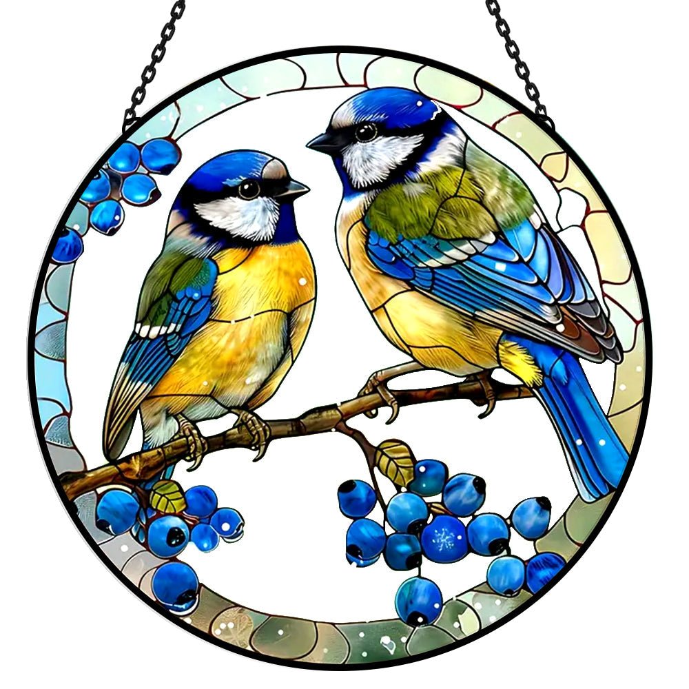 Blue Tits Sun Catcher Decoration Stained Glass Window Hanging - MISSIRON