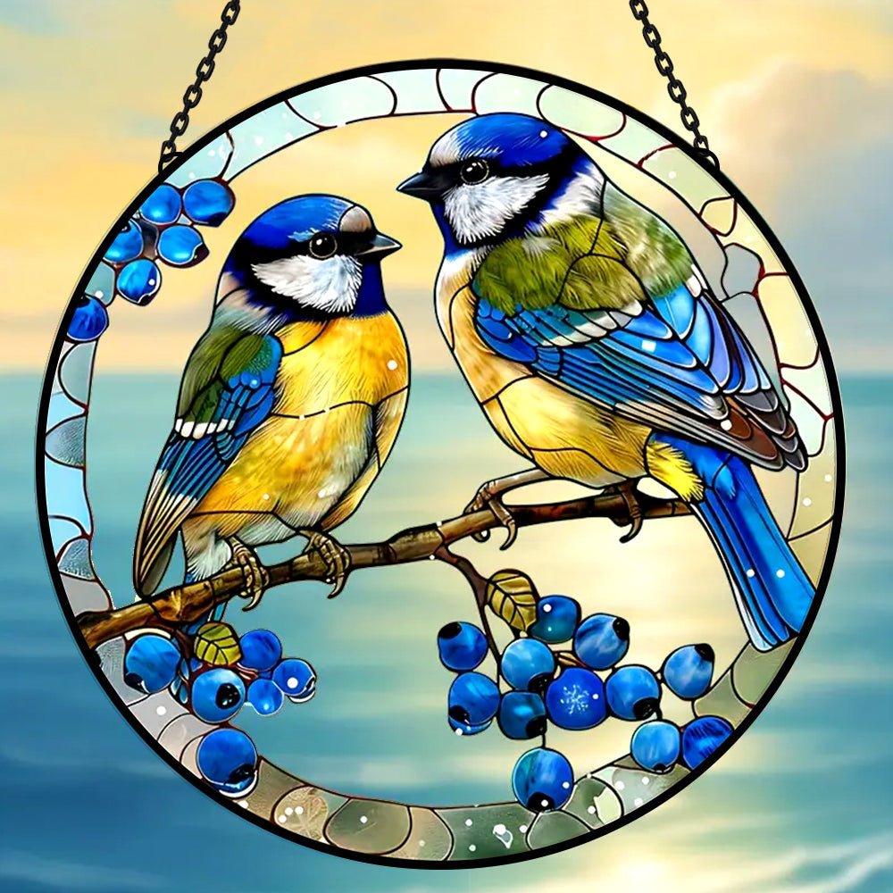 Blue Tits Sun Catcher Decoration Stained Glass Window Hanging - MISSIRON
