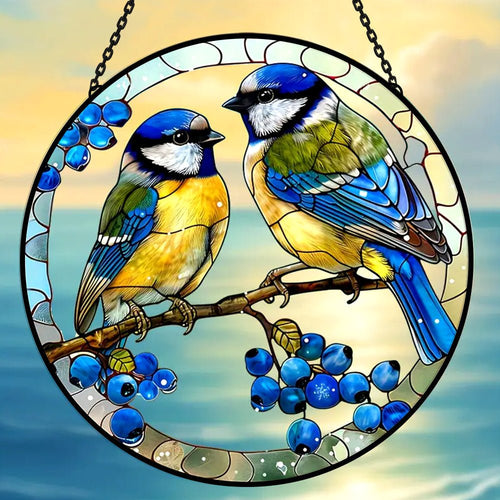 Blue Tits Sun Catcher Decoration Stained Glass Window Hanging - MISSIRON