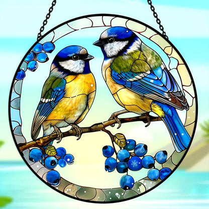 Blue Tits Sun Catcher Decoration Stained Glass Window Hanging - MISSIRON