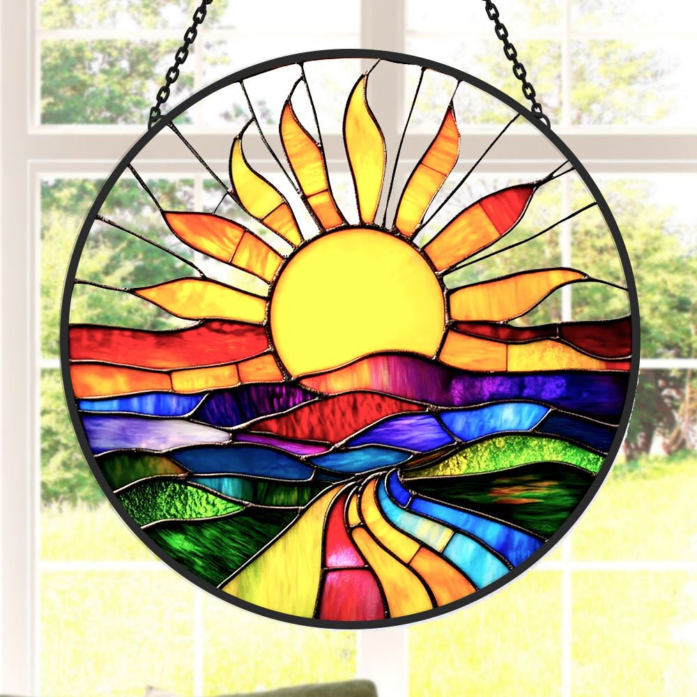 Colorful Sun Landscape Sun Catcher Decoration Stained Glass Window Hanging - MISSIRON