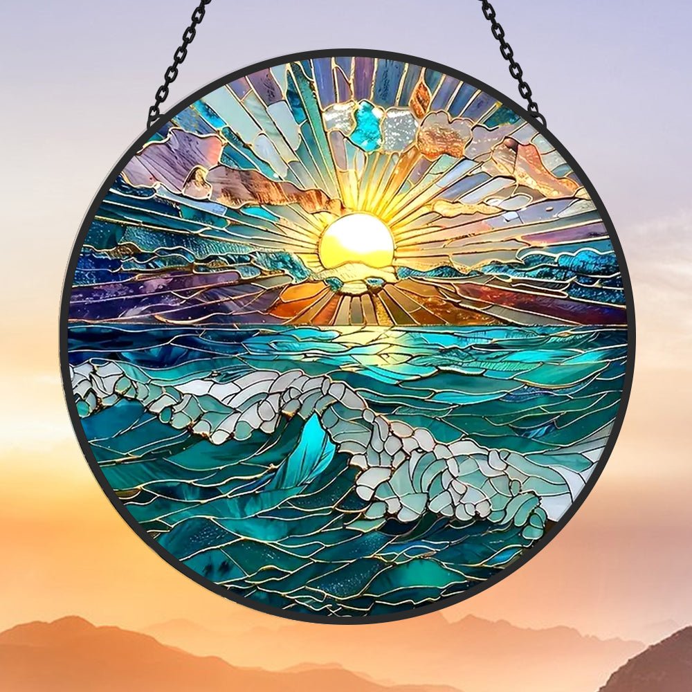 Gorgeous Ocean Sunset Sun Catcher Decoration Stained Glass Window Hanging - MISSIRON