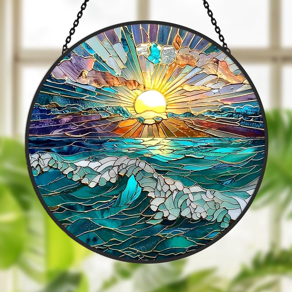 Gorgeous Ocean Sunset Sun Catcher Decoration Stained Glass Window Hanging - MISSIRON
