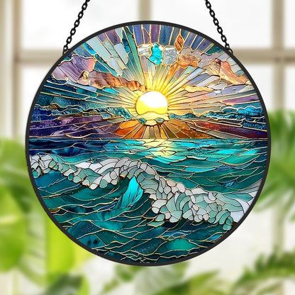 Gorgeous Ocean Sunset Sun Catcher Decoration Stained Glass Window Hanging - MISSIRON