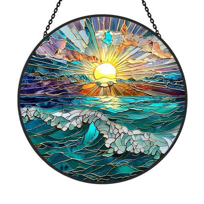 Gorgeous Ocean Sunset Sun Catcher Decoration Stained Glass Window Hanging - MISSIRON