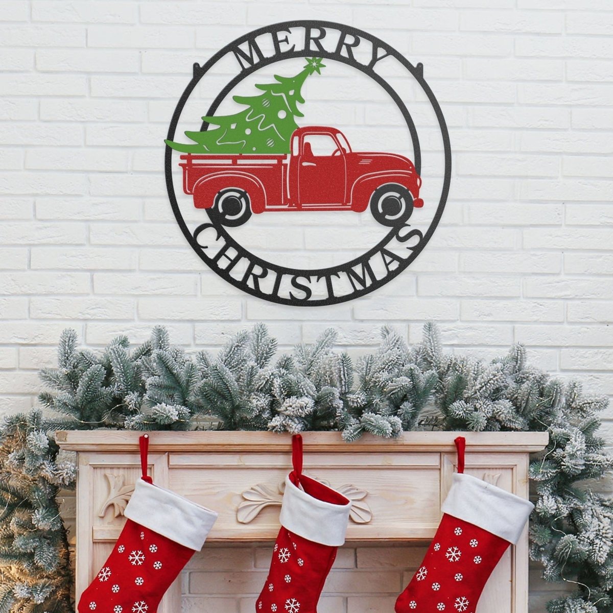 Little Red Truck Hauling Christmas Tree - MISSIRON