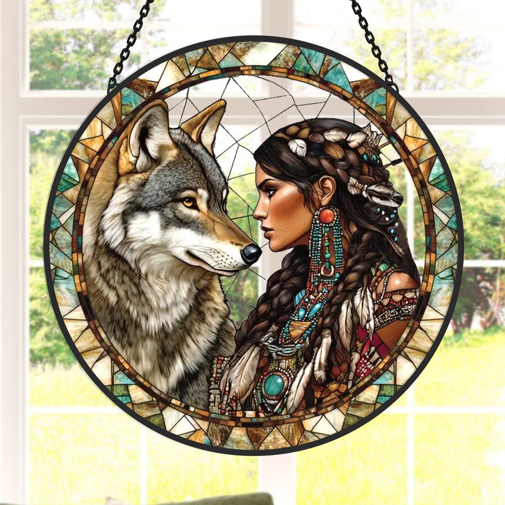 Wolf Sun Catcher Decoration Stained Glass Window Hanging - MISSIRON