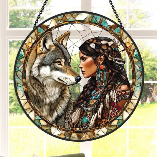 Wolf Sun Catcher Decoration Stained Glass Window Hanging - MISSIRON
