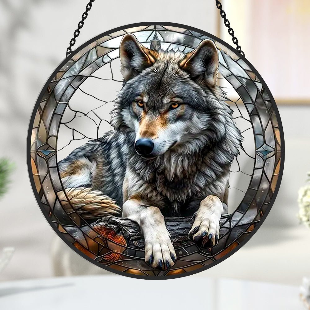 Wolf Sun Catcher Decoration Stained Glass Window Hanging - MISSIRON