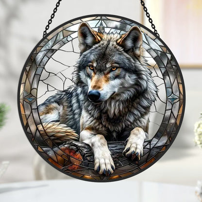 Wolf Sun Catcher Decoration Stained Glass Window Hanging - MISSIRON